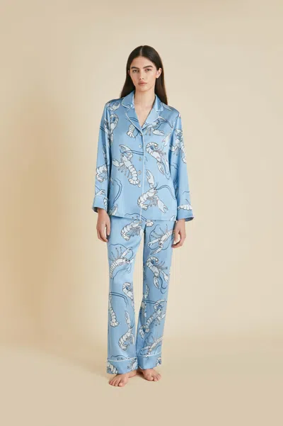 Olivia Von Halle Lila Poseidon Blue Lobster Pyjamas In Silk Satin In Multi