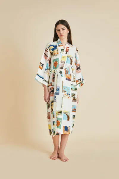Olivia Von Halle Sabine Cadmus Ivory Postcard Robe In Silk Twill In Multi