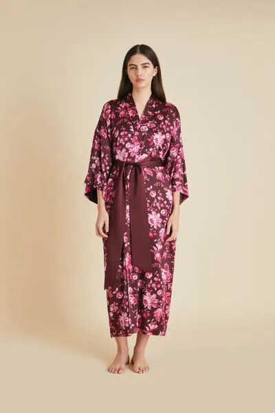 Olivia Von Halle Queenie Aphrodite Burgundy Floral Dressing Gown In Silk Satin In Multi
