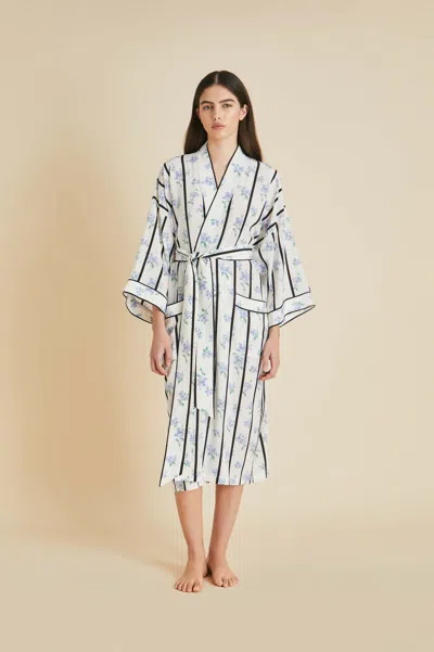Olivia Von Halle Sabine Hypnos Ivory Stripe Robe In Silk Crêpe De Chine In White