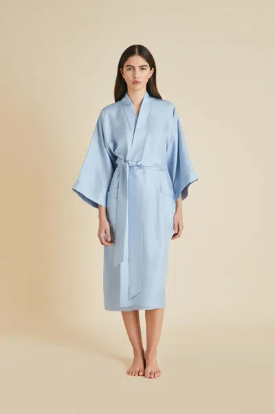 Olivia Von Halle Sabine Powder Blue Robe In Silk Twill