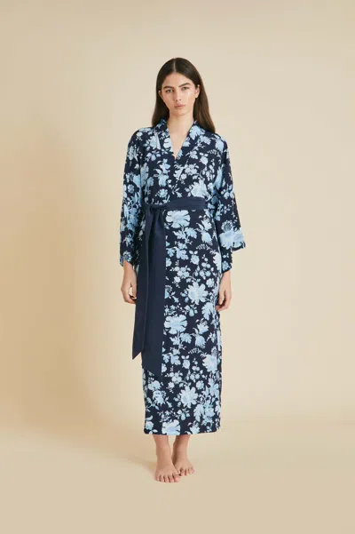 Olivia Von Halle Queenie Alcides Blue Floral Robe In Silk Crêpe De Chine