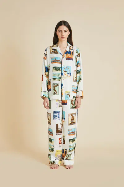 Olivia Von Halle Yves Cadmus Ivory Postcard Pyjamas In Silk Twill In Multi