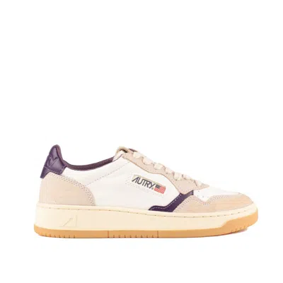 Autry Low Medalist Sneakers In White Canvas And Beige And Purple Leather