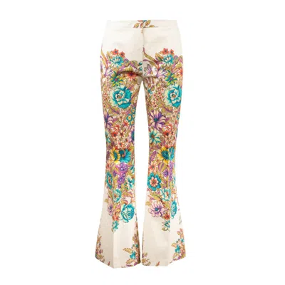 Etro Multicolor Bouquet Print Trousers In White, Multicolor