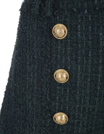Balmain Green Tweed Shorts With Aged-gold Buttons In Wool Blend Woman
