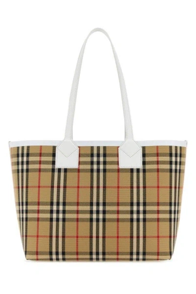 Burberry Woman Embroidered Canvas London Shopping Bag In Multicolor