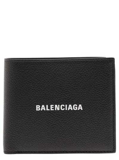 Balenciaga Black Bifold Wallet With Logo Lettering Print In Grained Leather Man