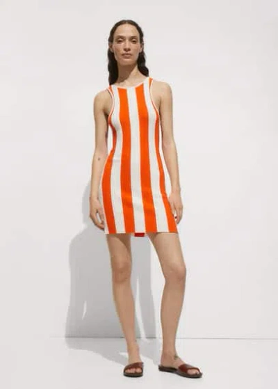 Mango Ribbed Ribbed Knit Dress Stripes Orange