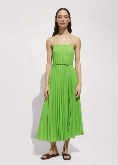 Mango Pleated Dress With Bow Green In Vert