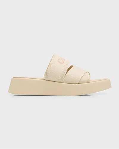 Chloé Mila Linen Logo Slide Sandals In Pearl Beige