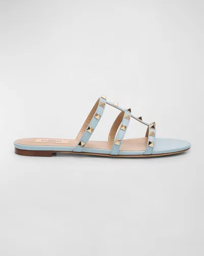 Valentino Garavani Rockstud Caged Flat Slide Sandals In Zj4 Blu Porcellana