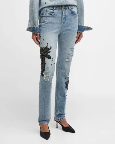 Hellessy Clay Mid-rise Crystal-embellished Distressed Slim-leg Jeans In Medium Wash
