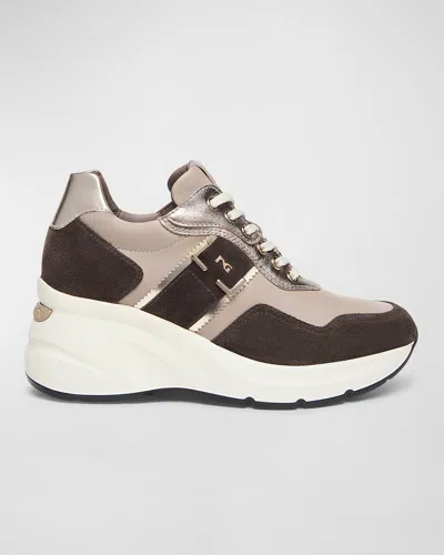 Nerogiardini Mixed Leather Wedge Fashion Sneakers In Brown
