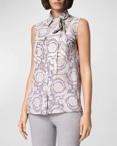 Versace Baroque-print Neck-tie Sleeveless Crepe De Chine Informal Shirt In Concrete Bone