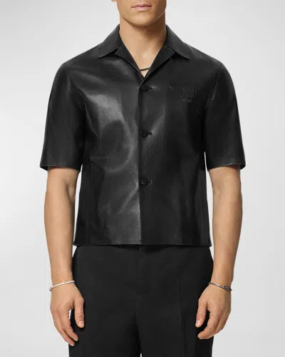 Versace Men's Smooth Leather Camp Shirt In Black