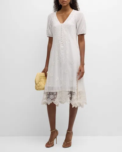 Johnny Was Isabelle Embroidered Lace-trim Midi Dress In White