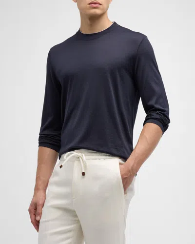 Brunello Cucinelli Men's Silk-cotton Long Sleeve T-shirt In Cd361 Navy