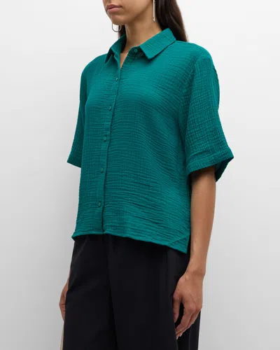 Eileen Fisher Button-down Organic Cotton Gauze Shirt In Esmeralda