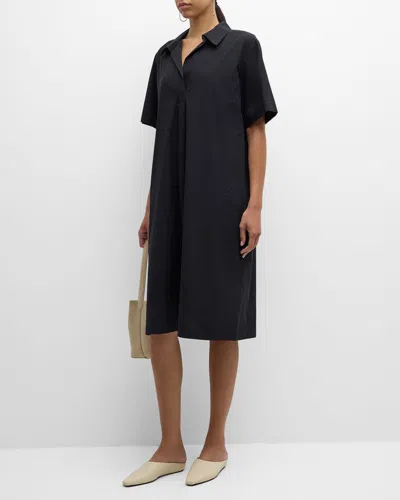 Eileen Fisher Pleated Organic Cotton Poplin Midi Shirtdress In Black