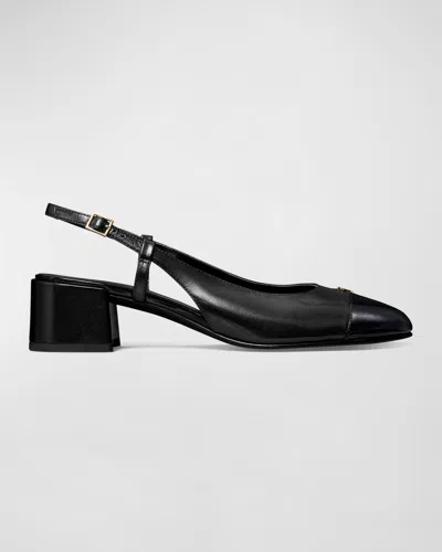 Tory Burch Mixed Leather Cap-toe Slingback Ballerina Pumps In Perfect Black  Perfect Black