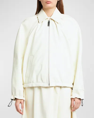 Marni Gathered Collar Leather Zip Jacket In Ivory