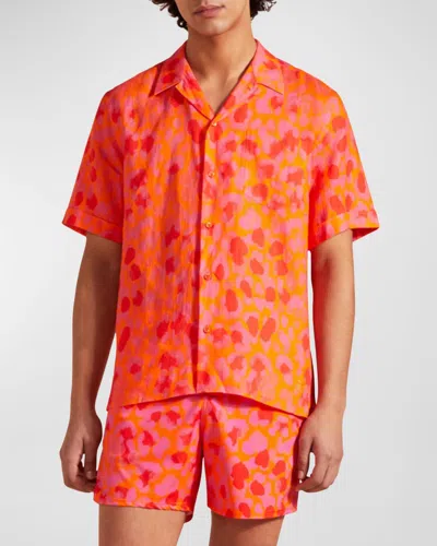 Vilebrequin Men's New Leopard Linen Camp Shirt In Apricot