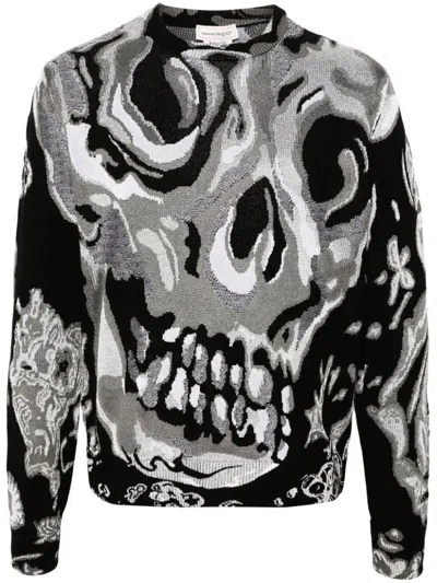 Alexander Mcqueen Skull Jacquard Crewneck Sweater Clothing In Black