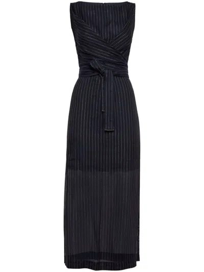 Brunello Cucinelli Cotton Pinstriped Dress With Shiny Details In Blue