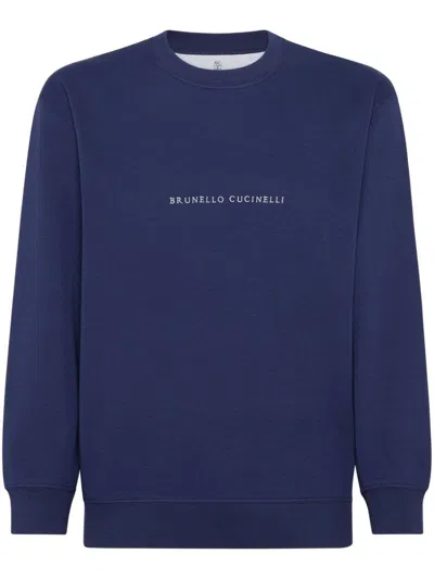 Brunello Cucinelli Cotton Sweater With Embroidered Logo In Blue