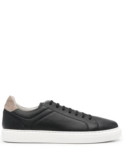 Brunello Cucinelli Black Leather And Beige Suede Sneakers In White