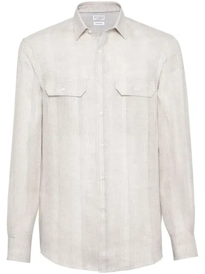 Brunello Cucinelli Linen Shirt With Pocket In Navy