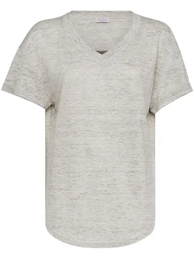 Brunello Cucinelli Silk And Linen T-shirt In Light Grey