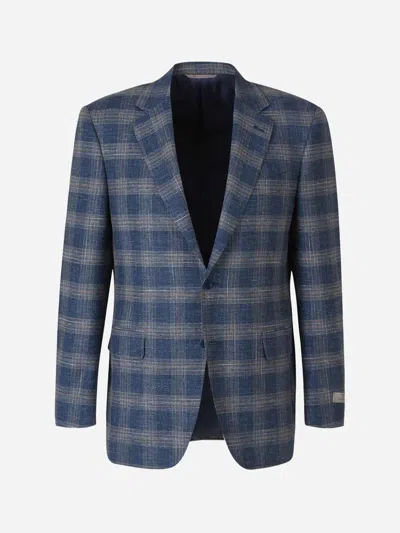 Canali Wool And Cotton Blazer In Beige And Blue