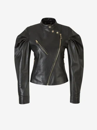 Chloé Biker Leather Jacket In Large Sleeves Gathered At The Shoulders