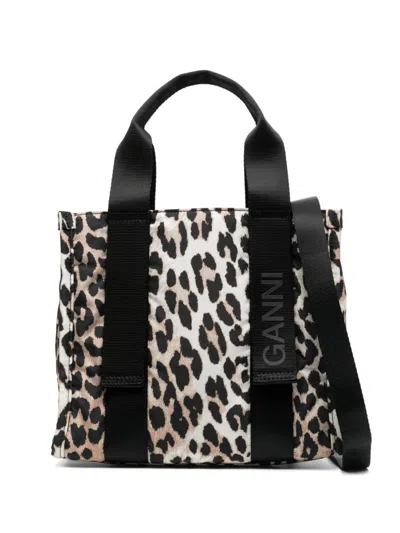Ganni Recycled Tote Small Tech Leo Print In Brown
