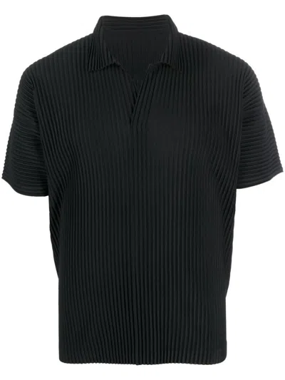 Issey Miyake Homme Plissé  Pleated Polo Shirt In Black