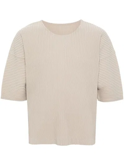 Issey Miyake Homme Plisse  Mens 43-linen Beige Pleated Crewneck Knitted T-shirt