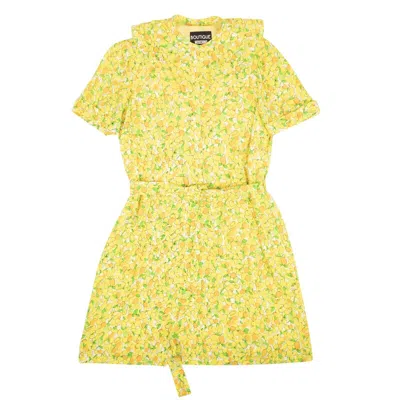 Boutique Moschino Nwt  Yellow Lemon Print Silk Ruffle Neck Dress In Multi