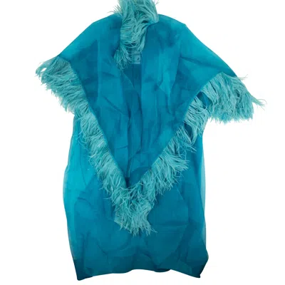 Palomo Feather Trim Silk Robe - Blue/green