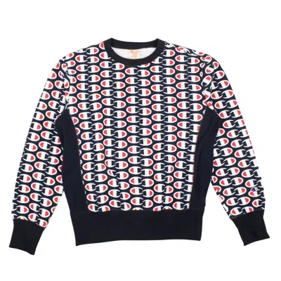 Champion All Over Logo Crewneck - Navy/red/white In Black