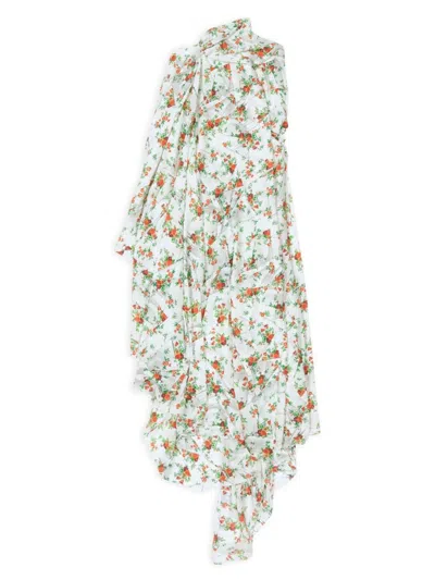 Balenciaga Women's Paper Crush Floral Asymmetric Pleated Dress In White Multi
