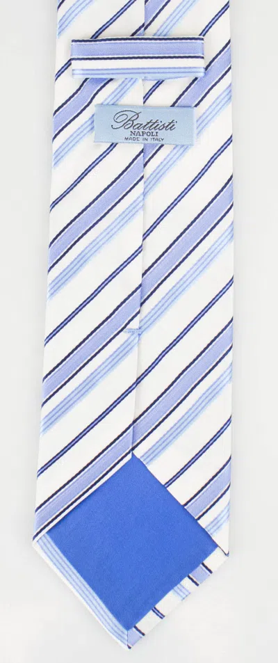 Battisti Napoli White With Blue Striped Pattern 100% Silk Neck Tie