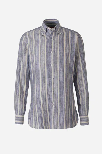 Isaia Plain Linen Shirt In Blue And Ivory