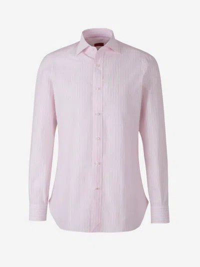 Isaia Striped Motif Shirt In White And Pink
