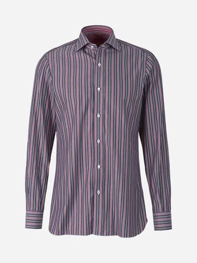Isaia Striped Motif Shirt In Burgundy, White And Charcoal Gray