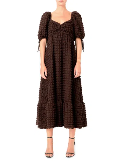 Endless Rose Puff-sleeve Sweetheart Textured Midi Dress In Brown