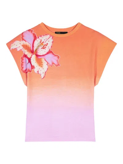 Maje Women's T-shirt With Structured Shoulders In Orange Tie Dye