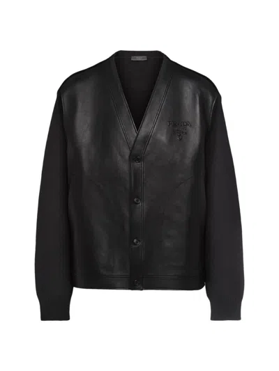 Prada Cashmere And Leather Cardigan In Black