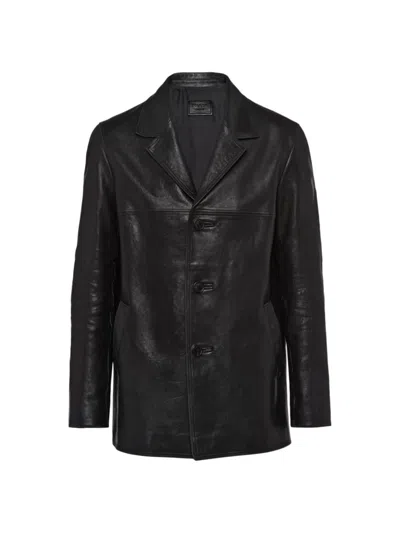 Prada Leather Pea Coat In Black